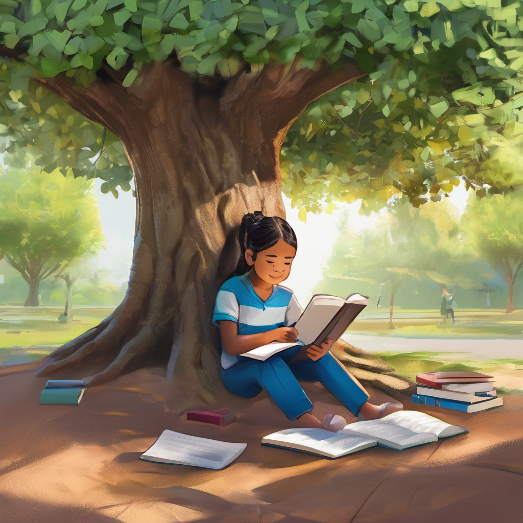 Maya studying under a tree